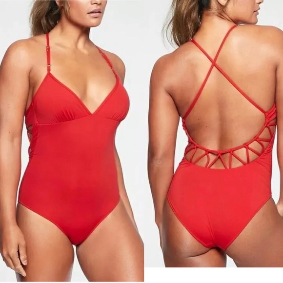 Athleta Red Women's One-Piece Macrame Open Back Swimsuit Sz S